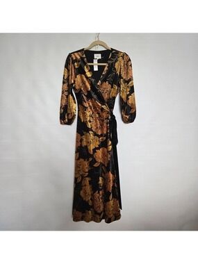 LENA Dress Full-Wrap Women NWT Black Gold Long Sleeve Floral Fall Festive Small